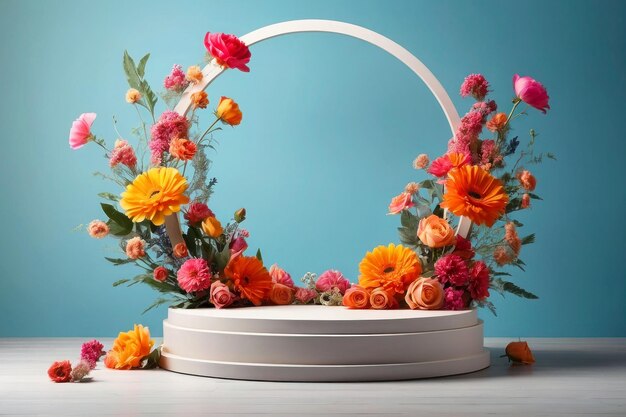 Weißes rundes Podium für den Produktvorstellungsrahmen und mehrfarbige Blumen
