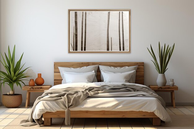 weißes Schlafzimmer in einer Wohnung mit natürlichen Holzmöbeln im ScandiBoho-Stil