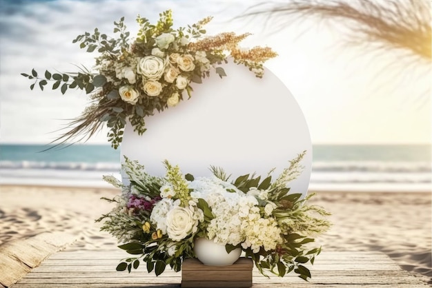 Weißes, schlichtes Hochzeitsschild mit Blume im Hintergrund eines sonnigen Strandtages, AI generiert