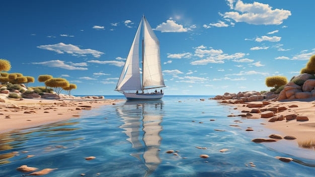 Weißes Segelboot, das im blauen Wasser unter klarem blauen Himmel im Panoramastil schwimmt