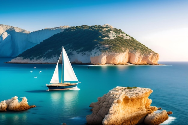 Weißes Segelboot in der Ferne Die Küste des Mittelmeers Mallorca Spanien