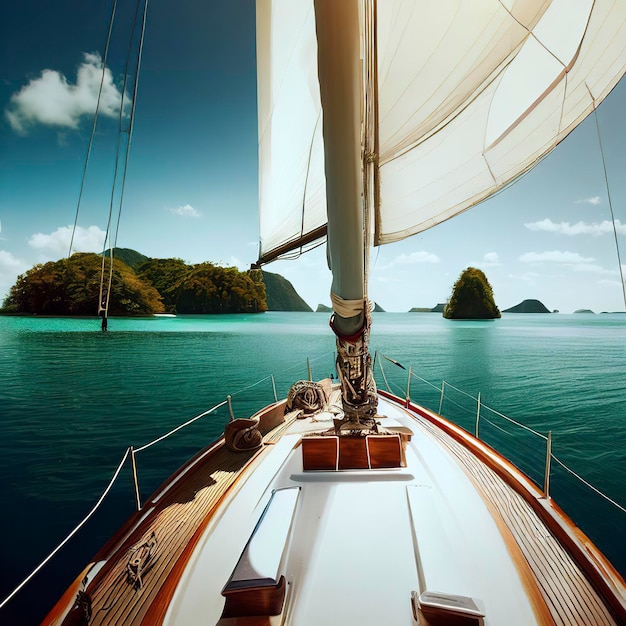 Weißes Segelboot segelt um einige paradiesische Inseln. Blick vom Deck auf die Bugmastsegel