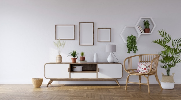 Weißes Sideboard und Rattansessel auf grauem Wandhintergrund mit Bildern und Regalen darauf, 3D-Darstellung