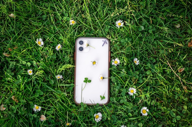Weißes Smartphone im grünen Gras unter Gänseblümchen