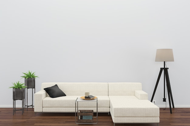 weißes Sofa dunklen Holzboden Wand Wohnzimmer Vorlage Tischlampe Hintergrund Interieur