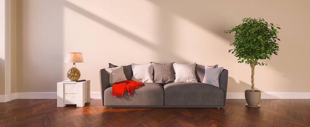 Weißes Sofa mit zwei Kissen im leeren Raum vor leerer Wand