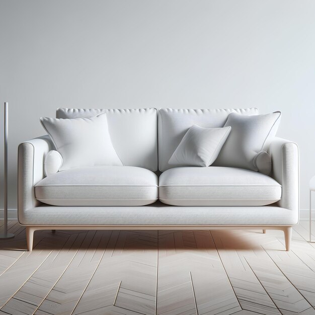 Weißes Sofa, moderne, unberührte Möbel, Innenraum, weich, elegant, leer, modisch, bequem, Sofa mit Kissen, Wohnung, Wohnzimmer mit weißem Wandhintergrund.