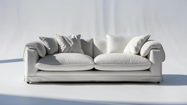 weißes Sofa Unberührte Möbel mit Kissen Wohnung Wohnzimmer mit weißem Wandhintergrund Moderner Luxus Innenraum weiche Dekorationen an den Wänden Vase Blume elegant leer Modisch