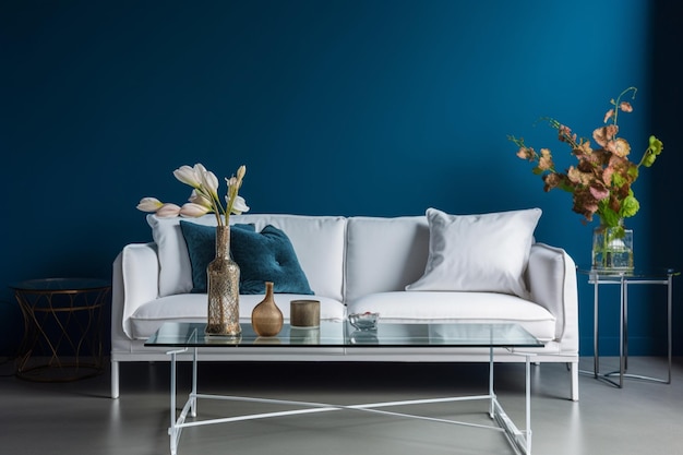 Weißes Sofa und Beistelltisch aus Glas vor blauer Wand