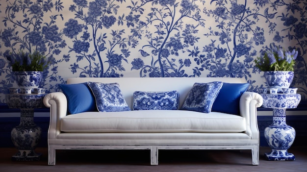 Foto weißes sofa unter blauen motiven, keramik in der nähe von mustern