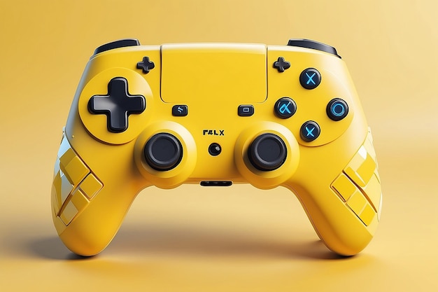 Weißes Standard-Game-Controller-Joystick-Gamepad auf gelbem Hintergrund mit abstrakten geometrischen Formen 3D-Rendering
