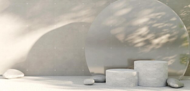 Weißes Steinpodest mit Glas, minimale Zusammenfassung mit weißer, zylindrischer Podiumsschatten-weißer Szene