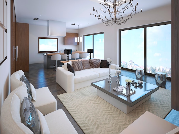 Foto weißes studio-apartment-interieur im art-deco-stil mit großen panoramafenstern.