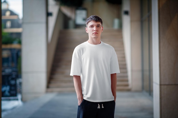 Weißes T-Shirt auf einem Kerl Straße Hintergrund urban Kleidung Stil Herrenbekleidung