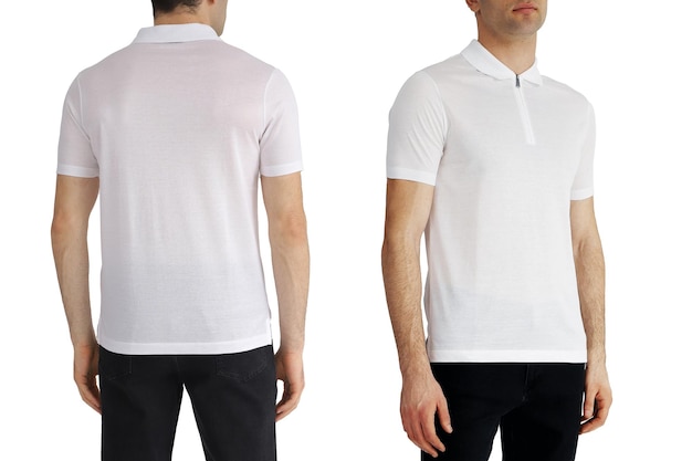 Weißes T-Shirt auf zwei Seiten auf einem weißen, isolierten Hintergrundkopienraum