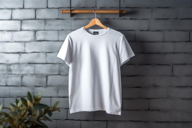 Weißes T-Shirt, das auf einem Kleiderbügel an einer Ziegelwand hängt