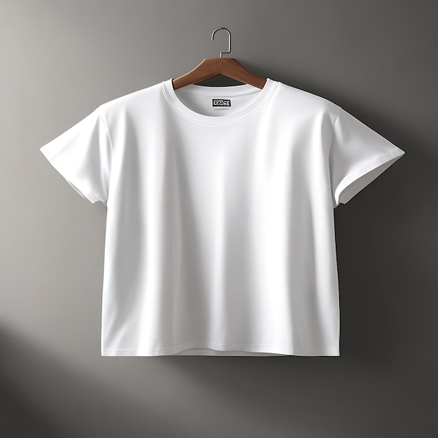 Weißes T-Shirt-Design-Modell und graues Hintergrund-weißes T-Shirt-Modell auf Kleiderbügel