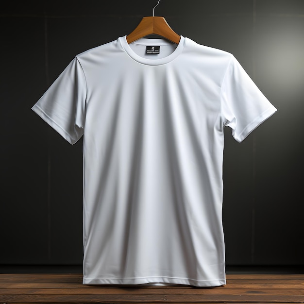 Weißes T-Shirt mit Anhänger, isoliert auf hölzernem Hintergrund, kurzärmeliges T-shirt