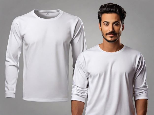 Weißes T-Shirt mit vollen Ärmeln mit isolierter Kopierfläche auf weißem Hintergrund