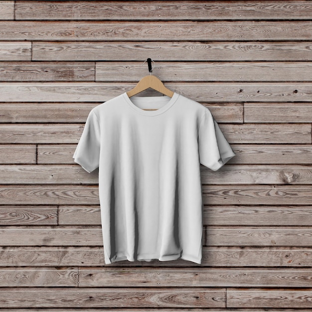 Weißes t-shirt mock-up hängt an einer holzwand d-rendering