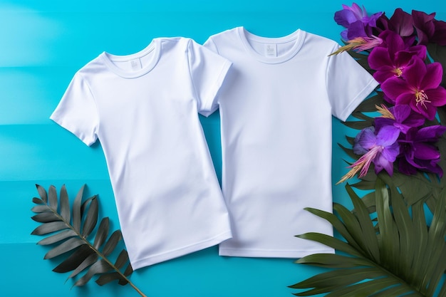 Weißes T-Shirt-Mockup auf blauem Hintergrund mit tropischen Blumen