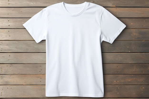 Foto weißes t-shirt-mockup auf braunem holzhintergrund mit von ki erzeugten blättern