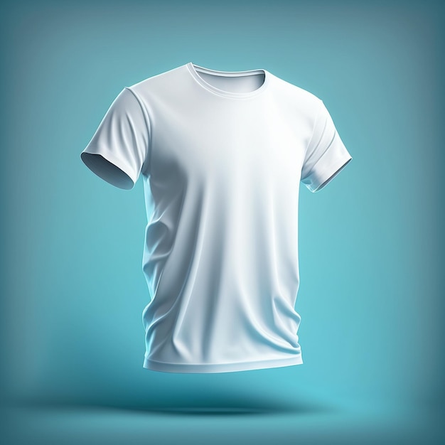 Weißes T-Shirt-Modell auf blauem Hintergrund, generative KI