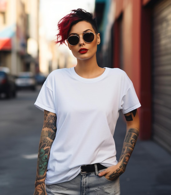 Weißes T-Shirt-Modell einer brünetten Frau mit Tattoo, stilvollem weißen T-Shirt und Jeans im Hippie-Chic-Nähe