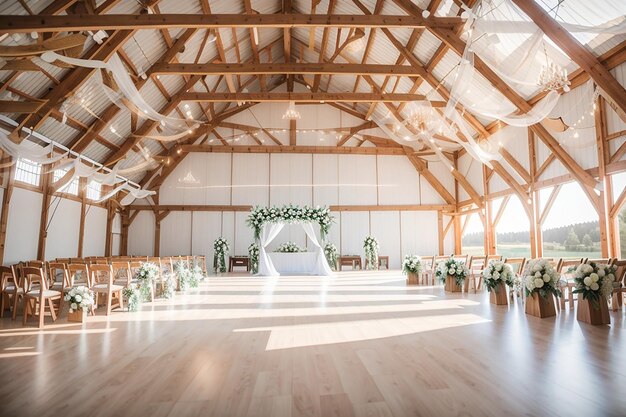 Foto weißes tageslicht beleuchtet einen hölzernen hangar, der für eine hochzeit vorbereitet wurde