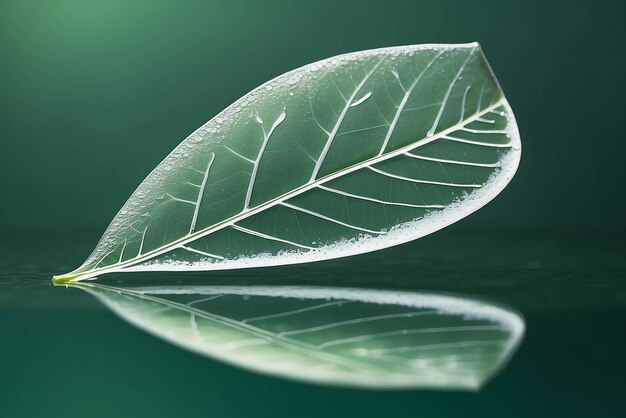 Foto weißes transparentes blatt auf spiegeloberfläche mit reflexion auf grünem hintergrund makro abstraktes künstlerisches bild eines schiffes im seewasser vorlage grenze natürliches träumiges künstlerisches image für reisen