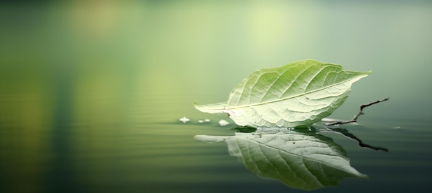 Foto weißes transparentes blatt auf spiegeloberfläche mit reflexion auf grünem hintergrund makro