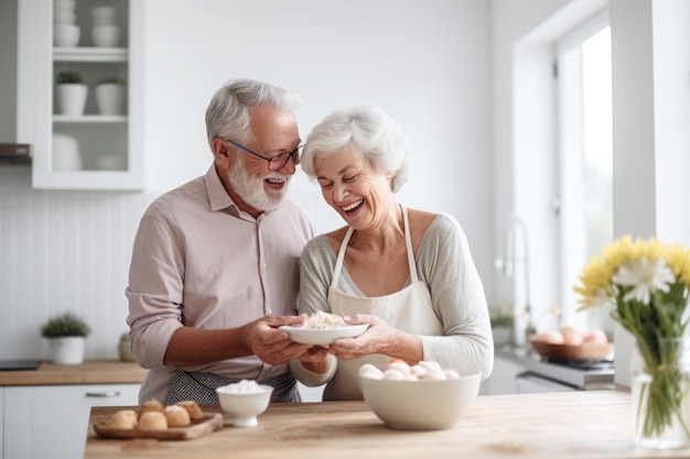 Weißes verheiratetes älteres, reifes Paar, das in der Küche backt.