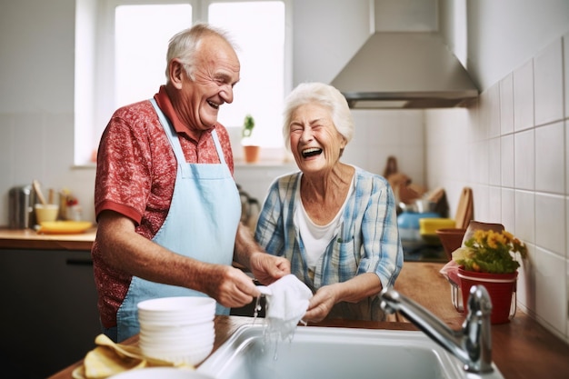 Weißes, verheiratetes, älteres, reifes Paar wäscht das Geschirr in der Küche