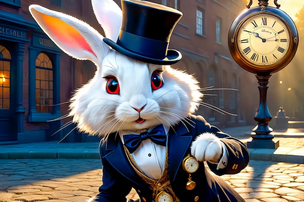 Weißes verrücktes Kaninchen mit einer Taschenuhr aus dem Märchen Alice im Wunderland