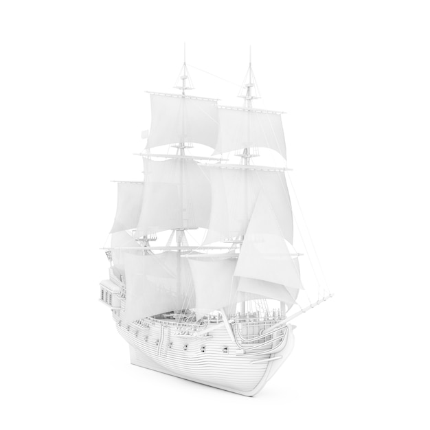 Weißes Vintages großes Segelschiff, Karavelle, Piratenschiff oder Kriegsschiff im Ton-Render-Stil auf weißem Hintergrund. 3D-Rendering