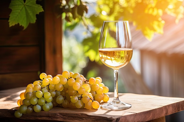 Weißes Weinglas auf einem reifen Traubenstamm Hintergrund in Sonntag Weinglas mit Getränk