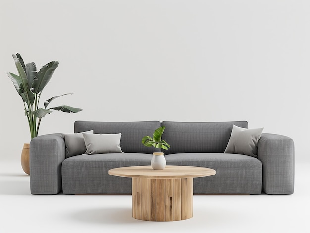 Weißes Wohnzimmer mit grauem Sofa und Holztisch in 3D-Rendering