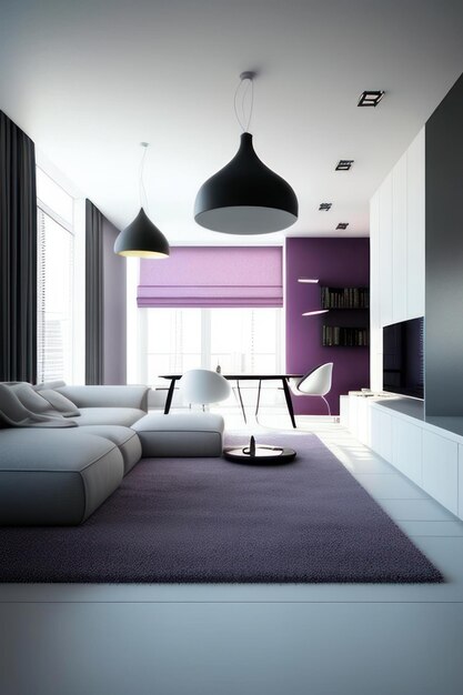 Weißes Wohnzimmer mit luxuriösen violetten Stuhl- und Sofaakzenten