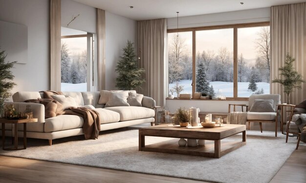 Weißes Wohnzimmer mit Sofa und Winterlandschaft