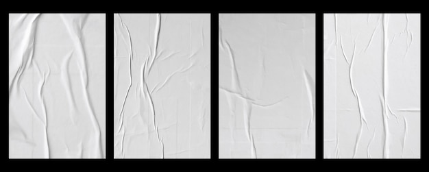 Weißes zerknittertes und zerknittertes geklebtes Papierposter-Set isoliert auf schwarzem Hintergrund