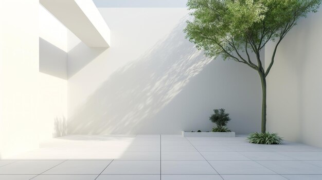 Weißes Zimmer mit einem Baum, der in der Ecke wächst und eine einzigartige Innenlandschaft erzeugt