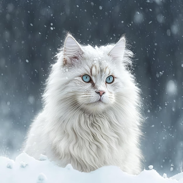 Weißhaarige Katze unter Schnee Generative KI