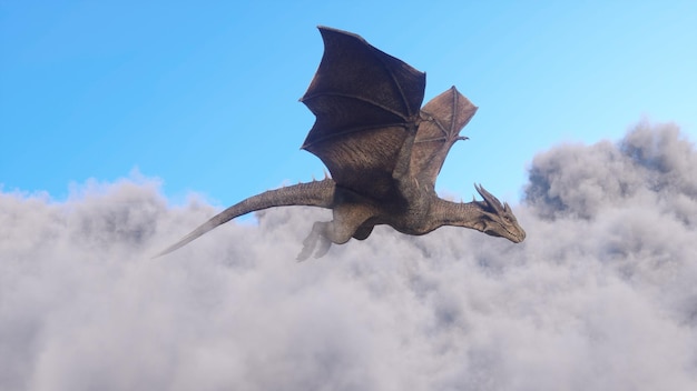 Weißhaariger weiblicher Kriegerritter fliegt auf einem Drachen über den WolkenFantasy-Grafikszene CGI-Animation 3D-Rendering