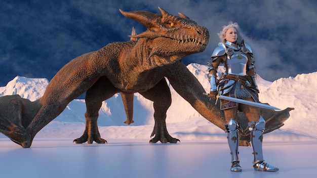 Weißhaariger weiblicher Kriegerritter steht mit einem gezogenen Schwert und einem Drachen dahinter vor dem Hintergrund schneebedeckter Berge Fantasy-Kunstwerkszene CGI-Animation 3D-Rendering