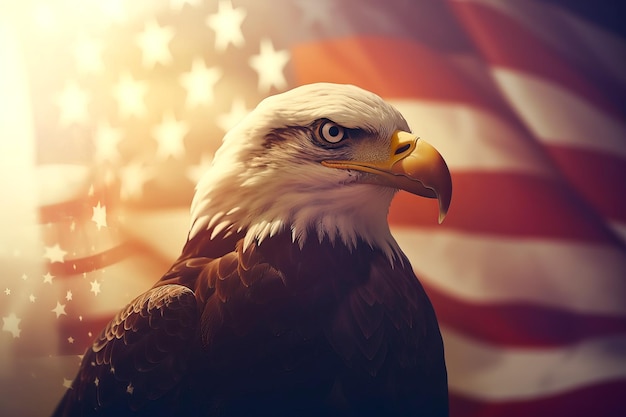 Weißkopfseeadler auf dem Hintergrund der amerikanischen Flagge Unabhängigkeitstag oder Flaggentag Generative KI-Illustration
