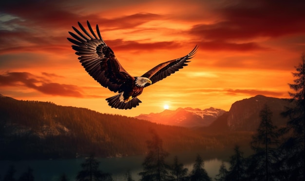 Weißkopfseeadler fliegt auf Sonnenuntergangshintergrund. Generative KI