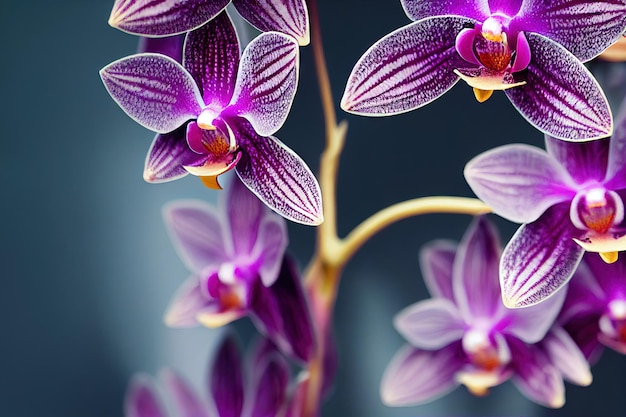 Weißrosa gestreifte Orchideenblüten am Stiel auf verschwommenem dunklem Hintergrund