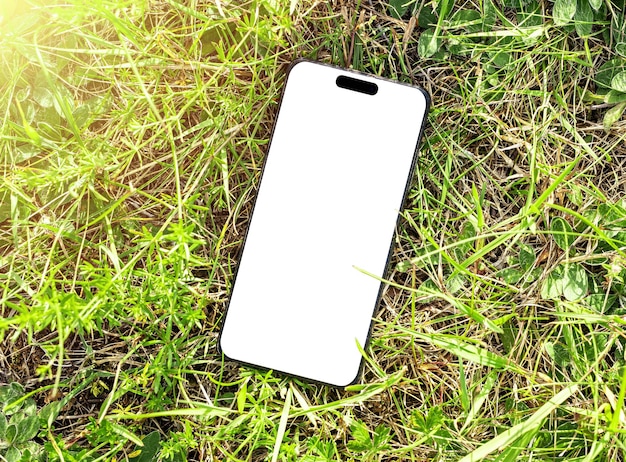 Foto weißrussland minsk 14. dezember 2022 smartphone-bildschirm-mockup auf grünem gras mobile smartphone-mock-up-display-vorlage in der natur