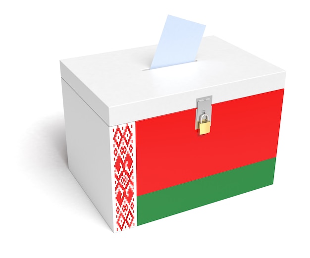 Weißrussland-Wahlurne mit Weißrussland-Flagge auf weißem Hintergrund