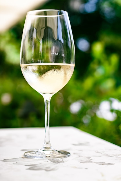Weißwein im Luxusrestaurant auf der Sommergartenterrasse Weinprobe im Weingut in der Vi...